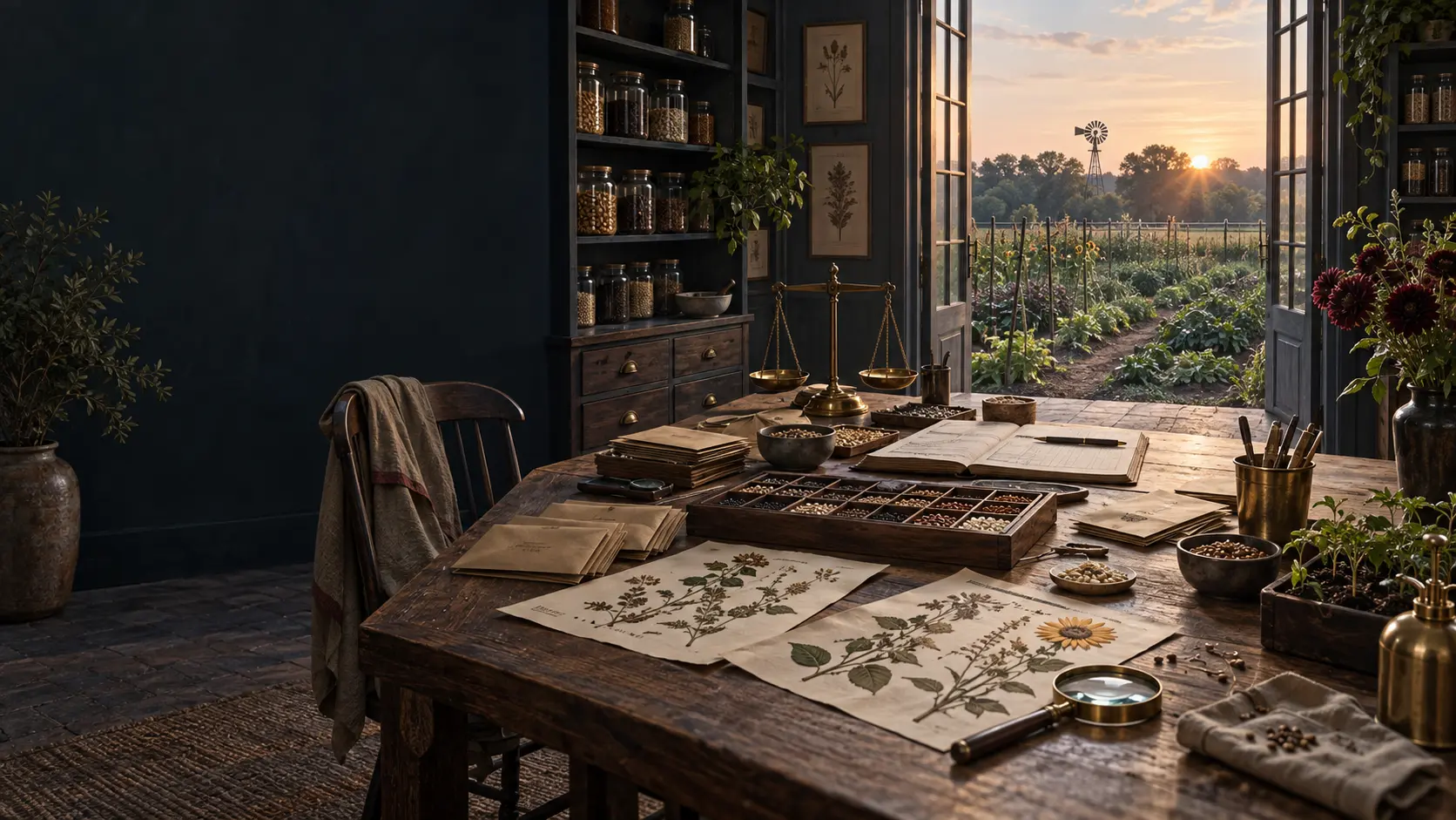 Original illustration of a seed house worktable opening toward a garden at sunrise